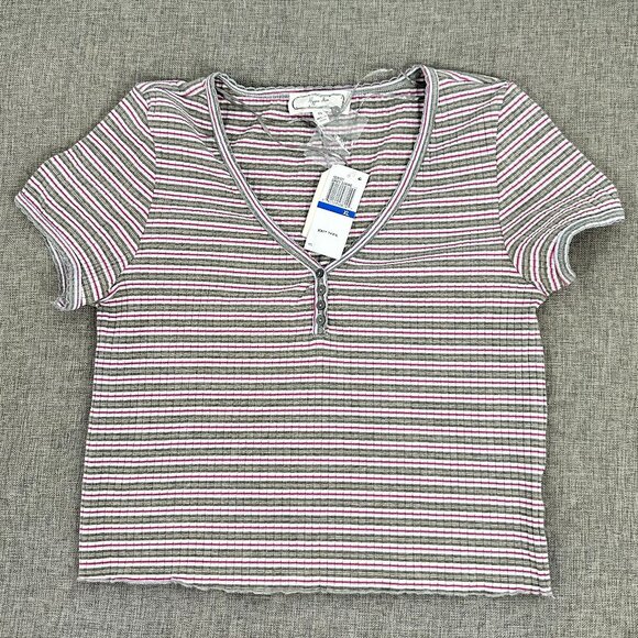 NEW! Hippie Rose Ribbed Henley Knit Top Striped V-Neck XL Cotton Blend Short Sle - Picture 2 of 9